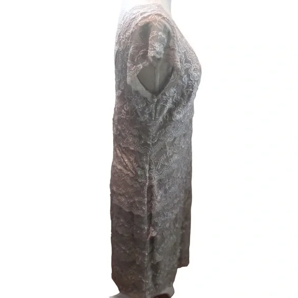 Blu Sage Taupe Lace Overlay Floral Sleeveless Double V Midi Slip Dress Sz 14P - Picture 4 of 8